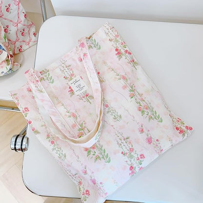 Cotton Canvas Tote Bag Reusable Soft Grocery Cloth Bag Floral Shoulder Bag for Beach Travel Shopping