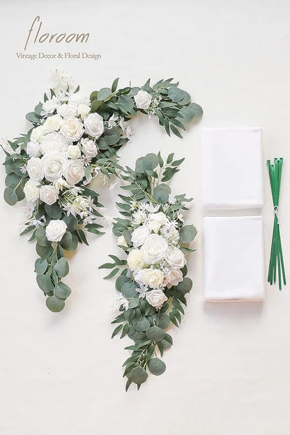 Floroom Arch Flowers with Drapes Kit (Pack of 4) - 2pcs Artificial Ivory & White Floral Swag Arrangement with 2pcs Draping Fabric for Wedding Ceremony Arbor and Reception Backdrop Decoration