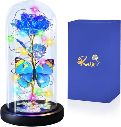 Blue Butterfly Rose Flower Birthday Gifts - Women Gifts for Her Valentines Mothers Day Anniversary Christmas Thanksgiving - Light Up Rose Flower Gifts for Mom Wife Grandma Sister Girlfriend Lady Girl