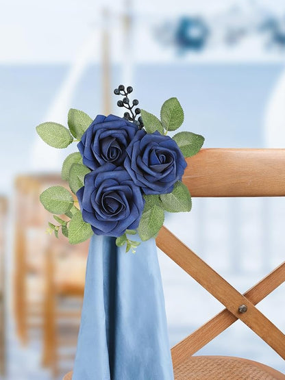 MACTING Artificial Flower Roses 60PCS Real Touch Fake Flowers with Stem Foam Roses for DIY Wedding Bouquet Table Centerpieces Party Holiday Home Indoor Spring Valentines Day Decorations,Navy Blue