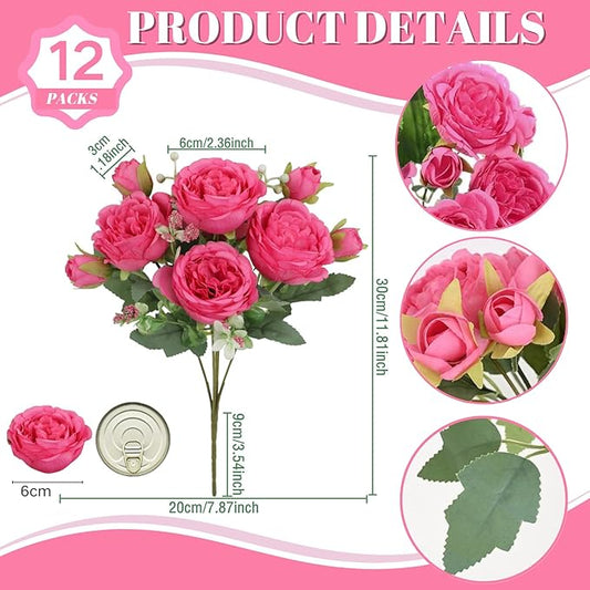 ASTRYAS 12Pcs Peonies Artificial Flowers, Hot Pink Peony Artificial Peonies, Silk Peonies Flowers Fake Peonies Bouquet for Centerpiece Table Wedding Party Home Decor