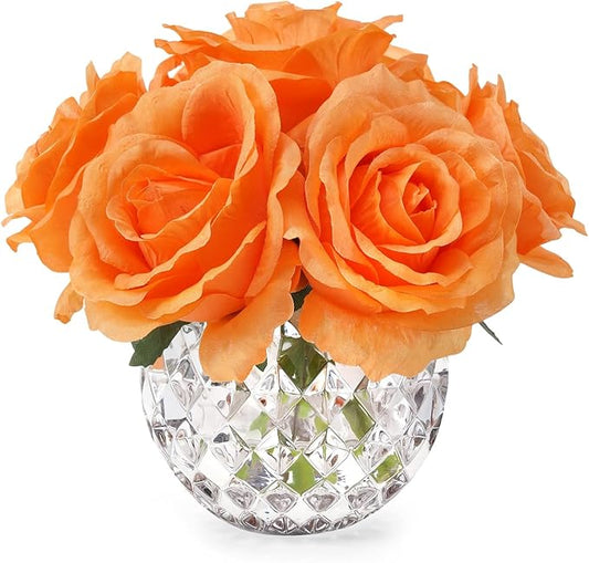 7 Large Stem Orange Rose Artificial Flowers in Vase, Silk Flowers Arrangement in Round Glass Vase Without Water for Home Decor, Wedding Table (Orange)