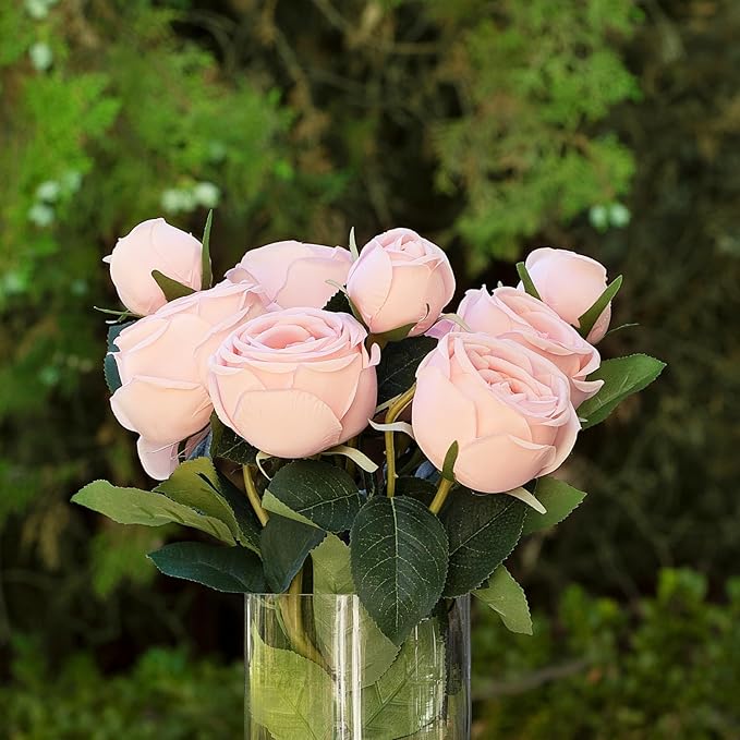 ENOVA FLORAL 9 Heads Silk Rose Artificial Flowers in Vase,Faux Rose Flowers Arrangement in Vase with Faux Water for Table Decor Centerpieces (Light Pink)