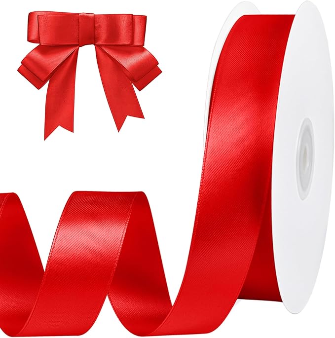 Red Ribbon 1 inch 60 Yards Double Faced Red Satin Christmas Ribbon for Crafts Gift Wrapping Hair Bows Wedding Invitation Party Christmas Decorations