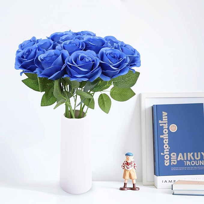 Artificial Rose Flower Artificial Flowers Flower with Long Stem Silk Roses Bouquet for Wedding Bridal Shower Party Home Decoration (Royal Blue, 12 Pcs)