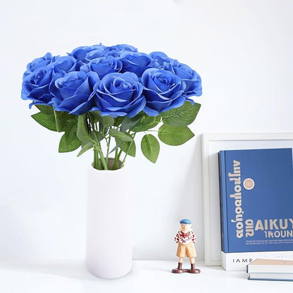 Artificial Rose Flower Artificial Flowers Flower with Long Stem Silk Roses Bouquet for Wedding Bridal Shower Party Home Decoration (Royal Blue, 12 Pcs)