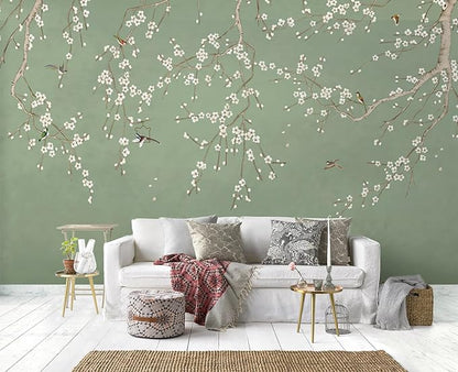 Cliouar-Decor Beautiful Wallpaper Birds and Flower Green Background Peel and Stick 90" x 67"