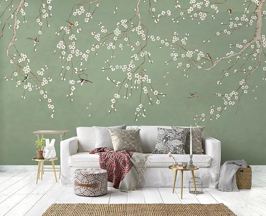 Cliouar-Decor Beautiful Wallpaper Birds and Flower Green Background Peel and Stick 90" x 67"