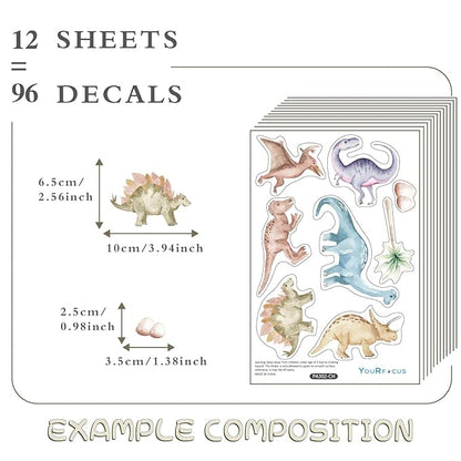 YouRfocus Dinosaur Wall Decals, Animal Boys Bedroom Wall Stickers 96 Decals, Removable Decor Peel and Stick Nursery Kids Room Playroom Vinyl Murals DIY Decorations (12 Sheets)