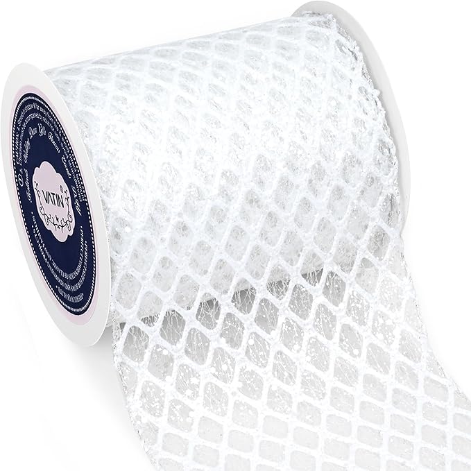 VATIN 6" White Christmas Ribbon, White Glitter Mesh Diamond Web Sequin Dots Wired Christmas Ribbon for Gift Wrapping Bow Making Wreath Supply-10 Yards