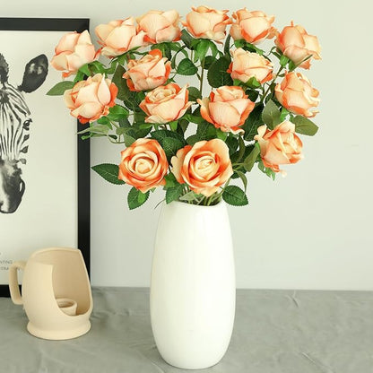 15Pcs Pearl Sunset Red Roses Artificial Flowers Fake Roses Long Stem Velet Rose Silk Flowers for Home Wedding Decoration (Pearl Roses,Sunset Red)