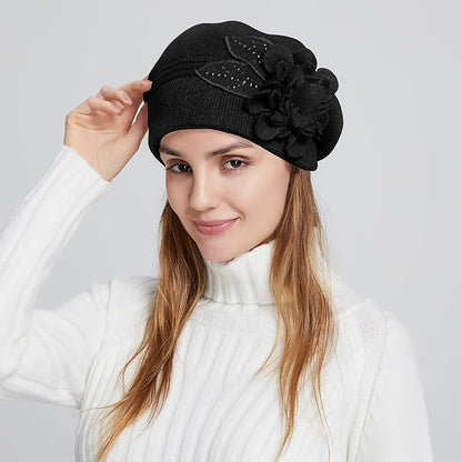 Flower Women Beret, Double Layer Thickened Winter Knitted Beanie Beret Hat, Stylish French Dress Beret Hats for Women
