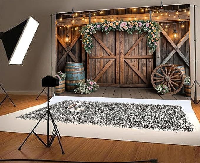 10x10ft Country Wedding Photography Backdrop Rustic Barn Door Photography Backdrop Farmhouse Pink Flower Cabin Wooden Birthday Baby Shower Wedding Bridal Party Banner Photo Booth Props Background