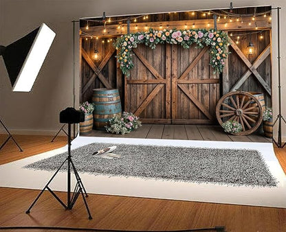 6x6ft Country Wedding Photography Backdrop Rustic Barn Door Photography Backdrop Farmhouse Pink Flower Cabin Wooden Birthday Baby Shower Wedding Bridal Party Banner Photo Booth Props Background