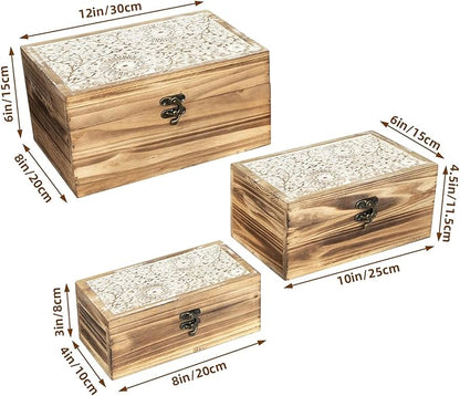 Set of 3 Wood Decorative Boxes, Rustic Farmhouse Keepsake Box Wooden Box with Hinged Lid and Floral Carved Design, Decorative Boxes for Home Decor, Brown