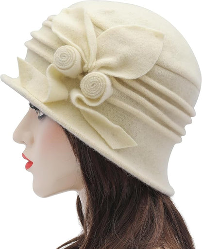 ZLYC Women Wool Cloche Bucket Hat 1920s Vintage Dress Winter Hats with Flower Accent