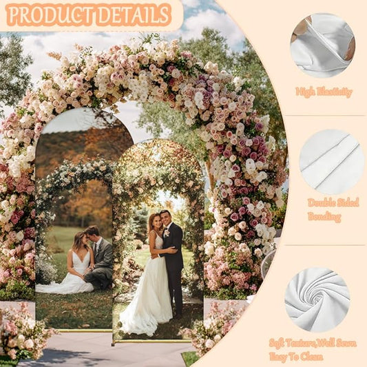 Customizable Arch Backdrop Stand and Cover Set – Featuring a Golden Metal Arch Stand, Customizable with Your Desired Images/Photos. Suitable for Baby Showers, Weddings, Festivals, Birthdays