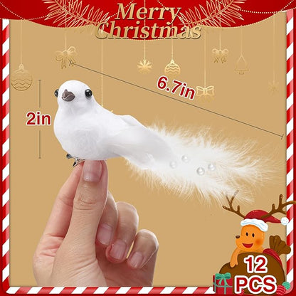 12 Pcs Artificial Christmas Dove Birds with Clip, White Feather Xmas Tree Ornaments Wreath Flower Arrangement Supplies for Party Wedding Decor DIY Craft Gifts