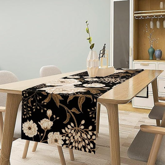 Black Gold Floral Table Runner, Retro Peony Rose Flowers Oriental Style Gothic Garden Print Table Runner for Farmhouse Kitchen Indoor Outdoor Decoration, 13x70inch