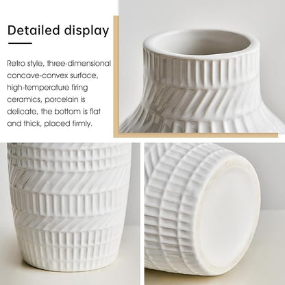 Modern White Ceramic Vase, Boho Flower Vases for Decor, 5.1" W x 8.7" H Modern Vase with Textured Pattern Table Centerpiece for Living Room Office Bedroom (White Vase)