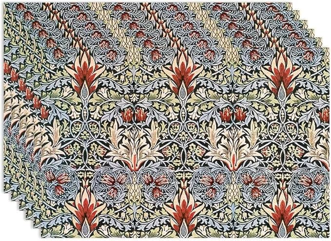 Vintage Flower Placemats Set of 6, William Morris Retro Boho Botanical Plant Place Mats, Heat Resistant Non Slip Cotton Linen Dining Table Mats for Home Kitchen Party 18x12 Inch