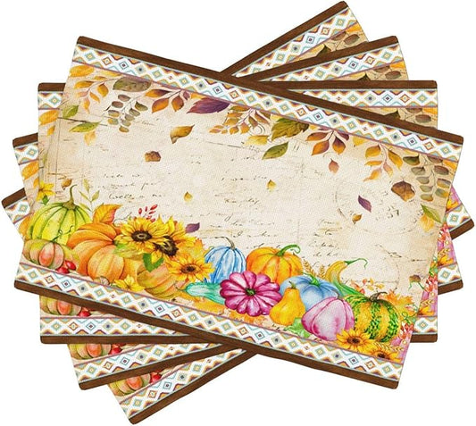 Fall Pumpkin Kitchen Placemats Vintage Rustic Farmhouse Aztec Pumpkins Maple Leaves Sunflowers Harvest Thanksgiving Placemats Table Kitchen Dining Party 12x18 Inch Set of 6