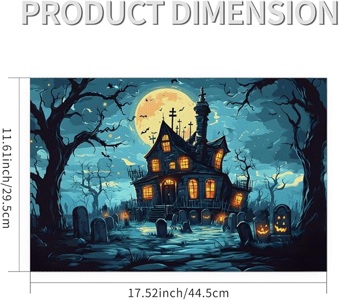 Halloween Castle Moon Scary Placemats Set of 1 PVC Vinyl Non Slip Table Mats Heat Resistant Place Mats Washable Wipeable Dining Table Mat for Kitchen Decor Party Indoor Outdoor Decorative Gift