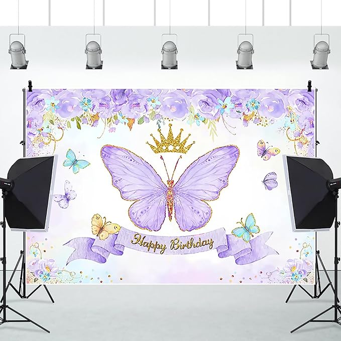 Renaiss 9x6ft Happy Birthday Backdrop Purple Butterfly Flowers Gold Crown Photography Background Daughter Girl Princess Birthday Party Decor Dessert Table Banner Portrait Selfie Group Photo Props