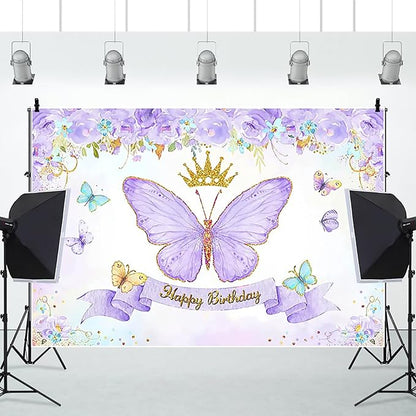 Renaiss 9x6ft Happy Birthday Backdrop Purple Butterfly Flowers Gold Crown Photography Background Daughter Girl Princess Birthday Party Decor Dessert Table Banner Portrait Selfie Group Photo Props