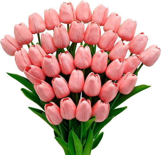 36 PCS Tulips Artificial Flowers 13" PU Fake Flowers for Wedding Home Decor(Coral Pink)