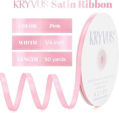 Pink Satin Ribbon, Double Faced 1/4 Inch X 50 Yards Pink Ribbon, Premium Satin Ribbon for Gift Wrapping, Crafts, Hair Bow Making, Sewing, Flower Bouquet, Wedding Party Decor