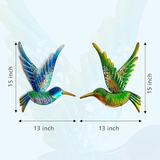 HONGLAND Metal Hummingbird Wall Art 12inch Metal Birds Wall Sculpture Garden Decoration Outdoor Statue Patio Fence Hanging Plaques 2 Pack（Blue-Green）