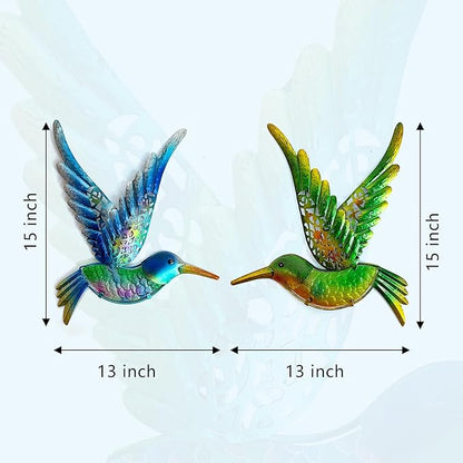 HONGLAND Metal Hummingbird Wall Art 12inch Metal Birds Wall Sculpture Garden Decoration Outdoor Statue Patio Fence Hanging Plaques 2 Pack（Blue-Green）