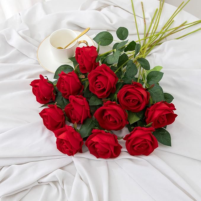 Hawesome 12PCS Artificial Roses Silk Flowers Fake Roses Bouquet Long Stem for Home Wedding Decoration Party (Red)