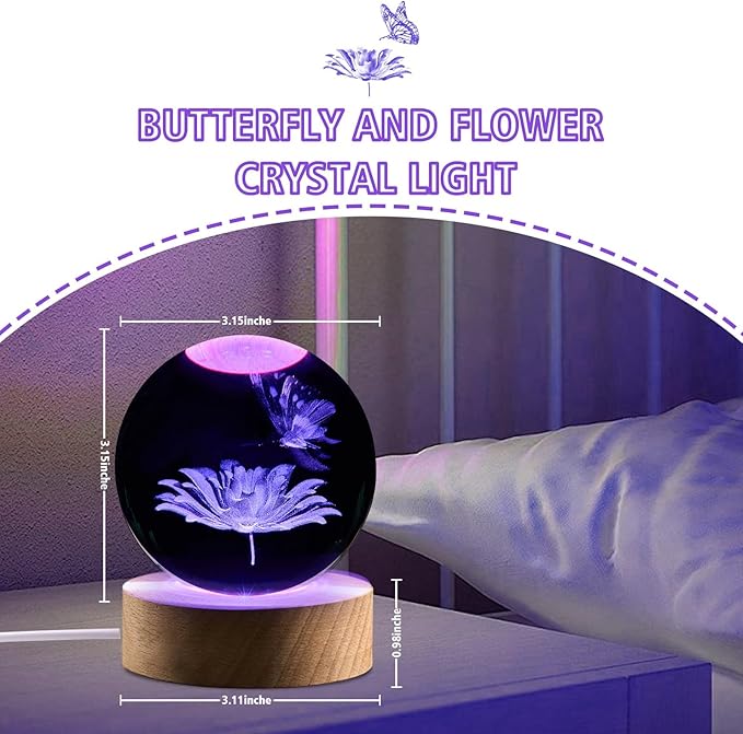 Butterfly Gifts for Women, 3.15in 3D Crystal Ball Lamp with Remote, Night Light, Butterfly Decor, Lamp Birthday Christmas Mother Day for Girls, Woman, Daughter