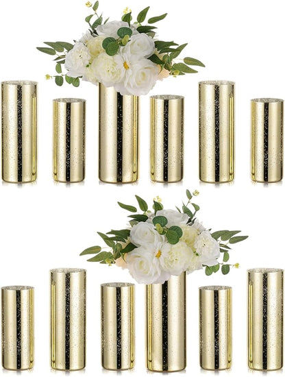 Glass Cylinder Vases Set of 12, Hewory Glittery Gold Vase for Centerpieces, Glass Hurricane Candle Holders for Pillar Floating Candle, Tall Round Vase for Wedding Anniversary Events Home Table Decor