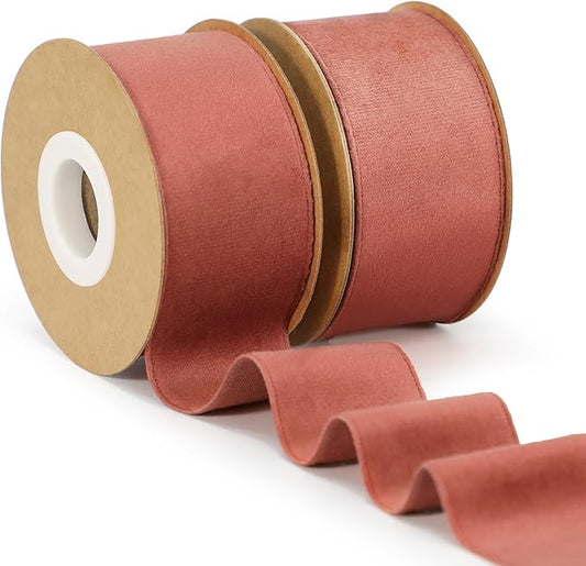 Rust Red Velvet Ribbon, 1-1/2 inch Wide Handmade Fabric Ribbons for Christmas Decor, Flower Bouquet, Wedding Decoration, Baby Shower, 2 Rolls