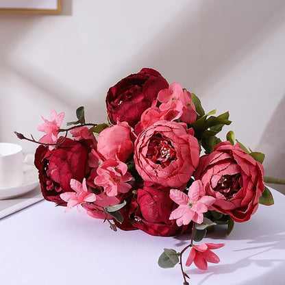 Duovlo Fake Flowers Vintage Artificial Peony Silk Flowers Wedding Home Decoration,Pack of 1 (New Red)