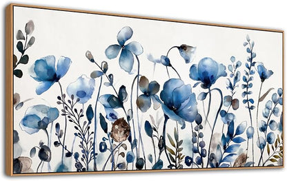 VEAEE Floral Wall Art, Abstract Indigo Flowers Canvas Pictures, Living Room Wall Decor, Modern Landscape Painting, Botanical Grass Artwork for Bedroom Bathroom Kitchen Office Wall Decor 29"x 58"