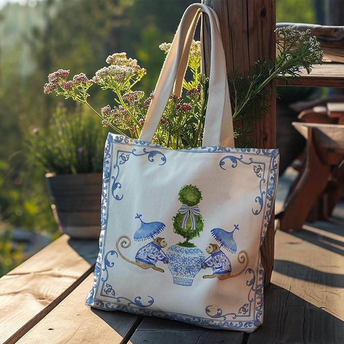 Blue and White Chinoiserie Prints Canvas Tote Bag for Women, Reusable Folding Shopping Bags with Handles