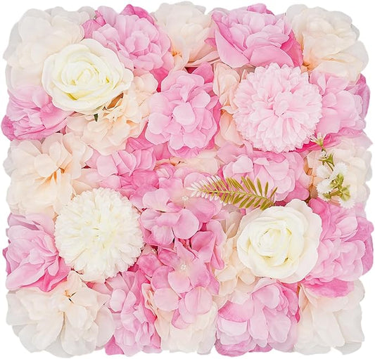 Artificial Flower Wall Panels, Silk Wedding Flower Wall Backdrop Panel, 3D Floral Panel Artificial Floral Wall Mat Flower Screen for Photo Party Wedding Wall Background Decor (12PCS Pink+White)