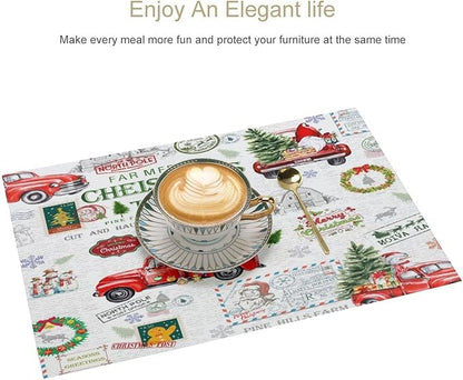 Christmas Placemats Simple Rustic Christmas Tree Red Gnome Truck Christmas Bells Gifts Wreath Snowman Greeting Card Placemats Table Kitchen Dining Party 12x18 Inch Set of 6