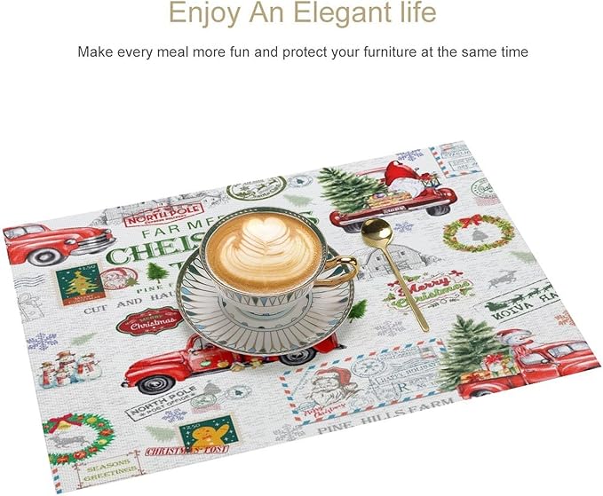 Christmas Placemats Simple Rustic Christmas Tree Red Gnome Truck Christmas Bells Gifts Wreath Snowman Greeting Card Placemats Table Kitchen Dining Party 12x18 Inch Set of 4