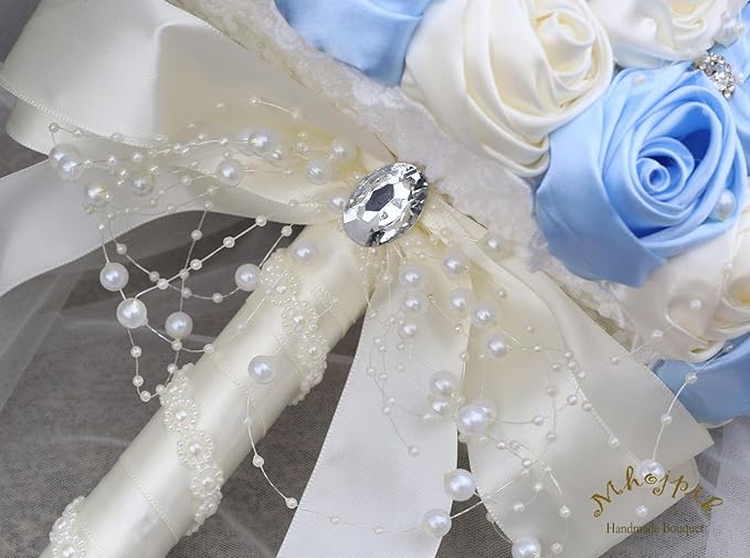 Bridal Wedding Bouquet Round Bling Brooch Bouquet Throw Toss Artificial Rose Flower Bunch for Bride Bridesmaid Wedding Quinceanera(Light Blue & Ivory, 8.7")