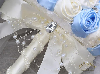 Bridal Wedding Bouquet Round Bling Brooch Bouquet Throw Toss Artificial Rose Flower Bunch for Bride Bridesmaid Wedding Quinceanera(Light Blue & Ivory, 8.7")