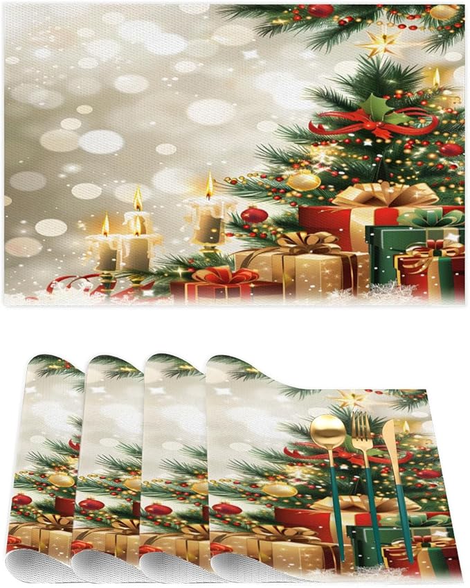 Xmas Christmas Tree Green Placemats Set of 6 PVC Vinyl Non Slip Table Mats Heat Resistant Place Mats Washable Wipeable Dining Table Mat for Kitchen Decor Party Indoor Outdoor Decorative Gift