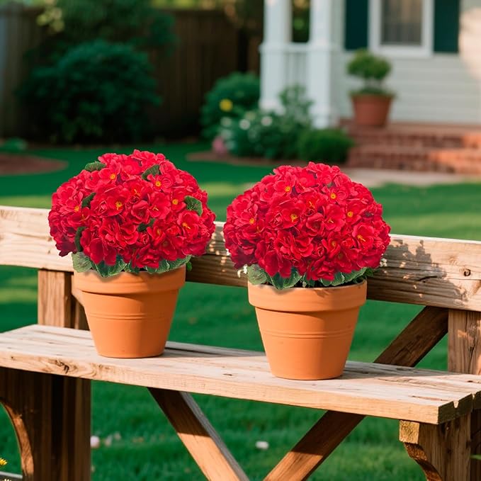 UV Resistant Red Geranium Fake Outdoor Flowers Christmas Decor- 6 Bundles Realistic Silk Artificial Flowers for Outside for Planter Hanging Basket, Faux Plants for Garden Porch Yard Home Décorations