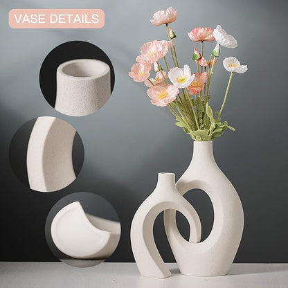 Extra Large Hollow Nordic Modern Ceramic Vases Set of 2, Milky White Aesthetic Round Donut Boho ins Style Flower Decorative Vase for Room Home Book Shelf Table Decor (Matte W 8" X H 11")