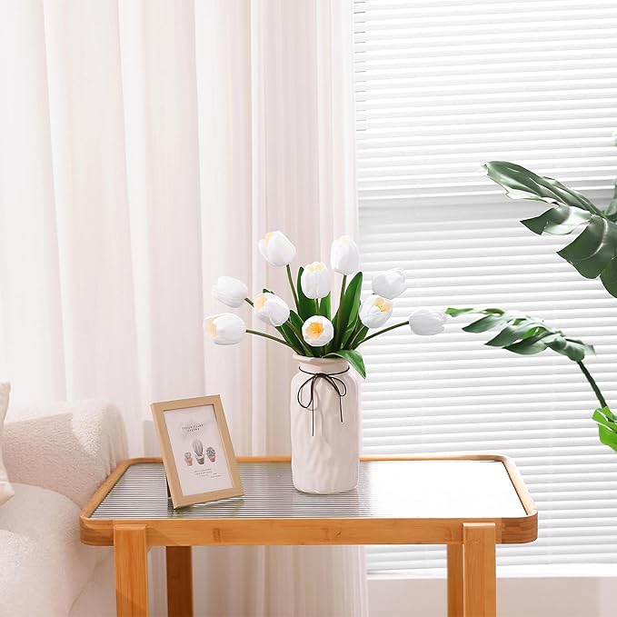 10PCS Artificial 18.5" Long Stem White Tulips Bouquet PU Flowers, Fake 6 Color Tulip Faux Flowers with Bendable Stems for Floral Table Wedding Home Decor