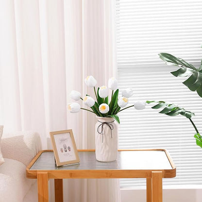 10PCS Artificial 18.5" Long Stem White Tulips Bouquet PU Flowers, Fake 6 Color Tulip Faux Flowers with Bendable Stems for Floral Table Wedding Home Decor